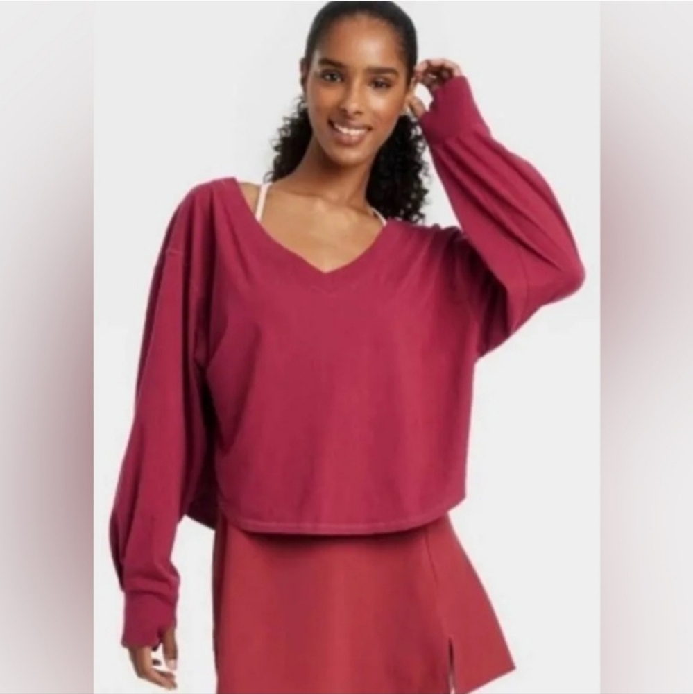 JoyLab Cropped Fit Long Sleeve Shirt - Boxy Fit ~ Cranberry